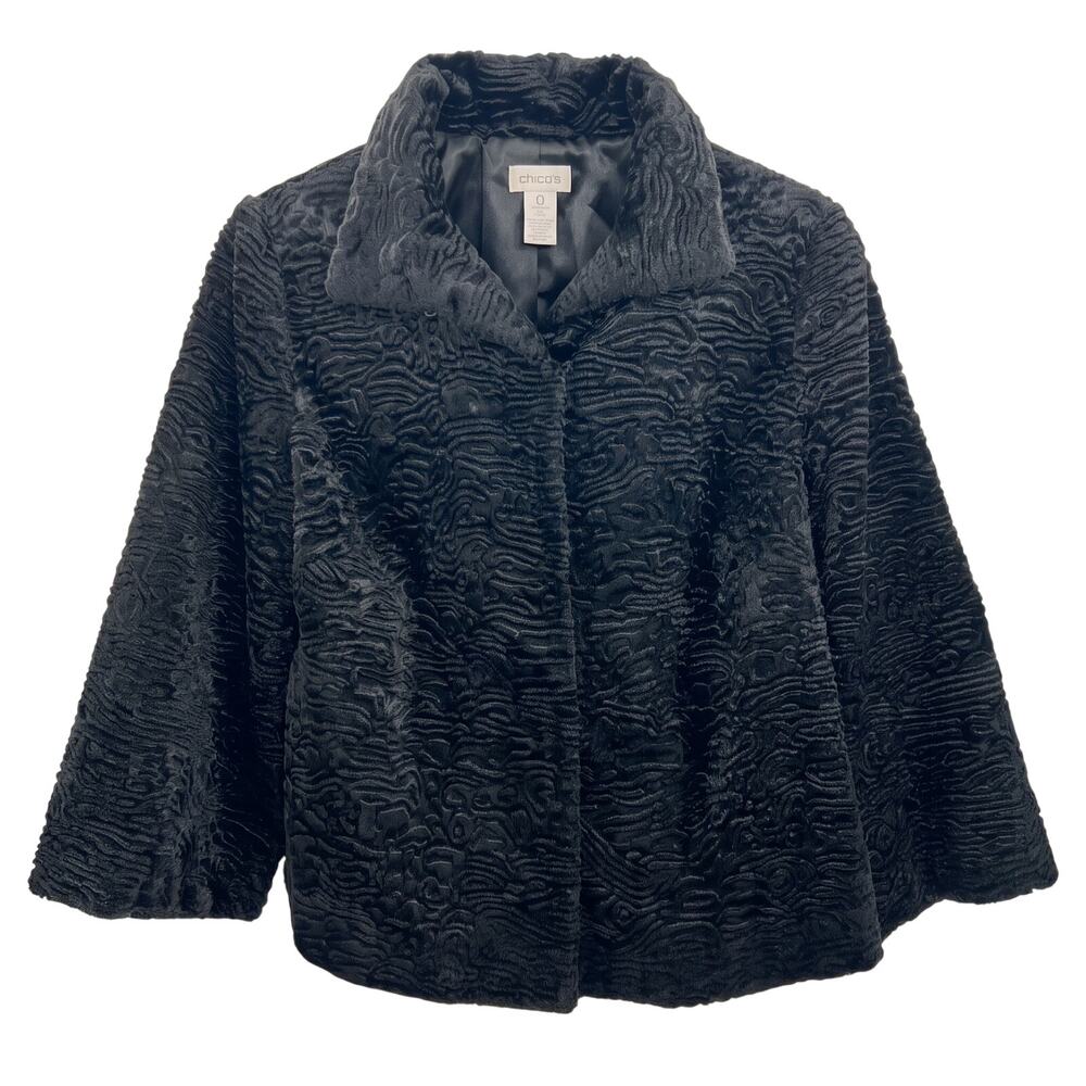 Chico's Black Textured Faux Fur Jacket Size 0 Open Front Swirl Evening Coat